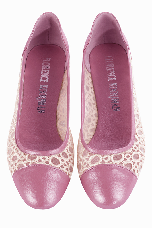 Hot pink and champagne white women's ballet pumps, with low heels. Round toe. Flat leather soles. Top view - Florence KOOIJMAN
